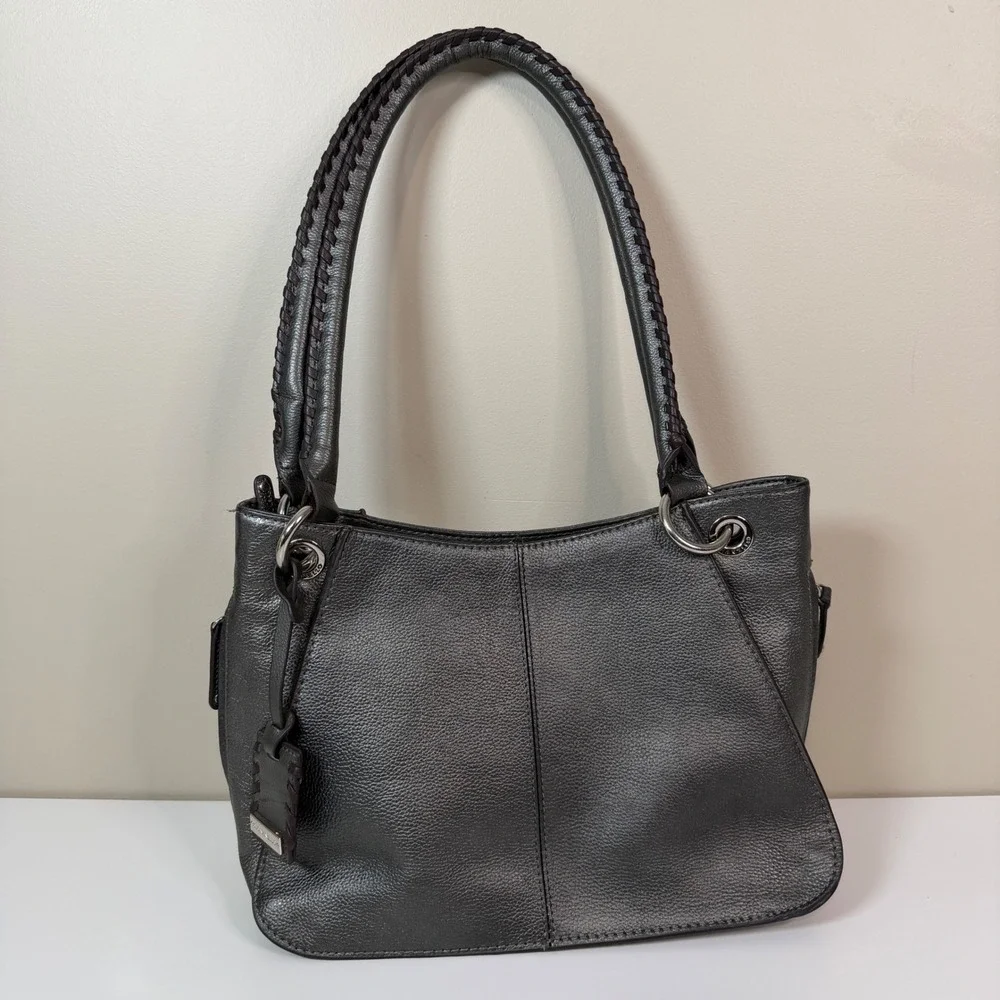 Tignanello Metallic Silver Pebbled Leather Shoulder Bag w Braided Handles Boho